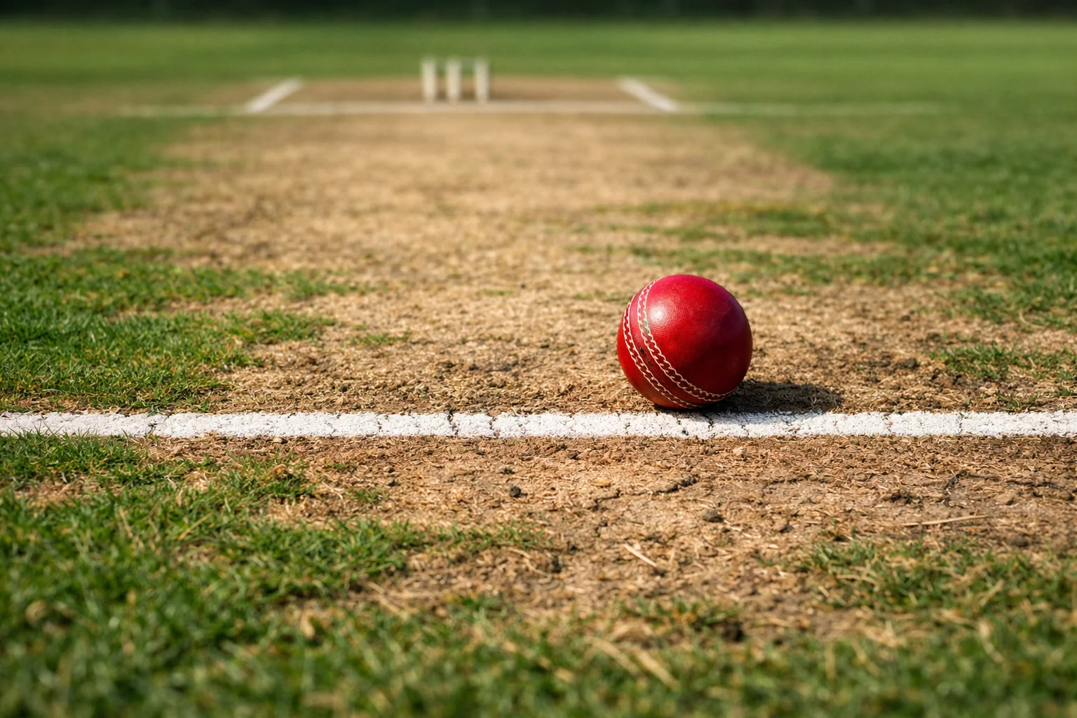 Cricket-Pitch mit sichtbarer Grasnarbe und Bowler-Markierungen