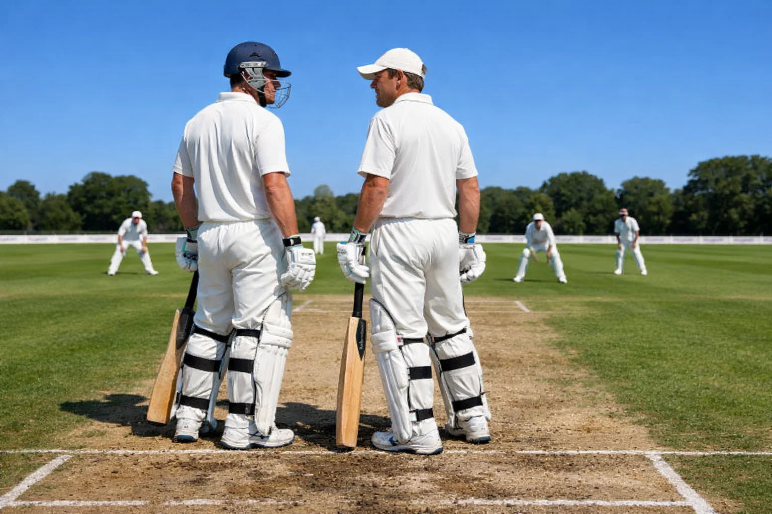 Cricket-Spieler in weißer Kleidung auf dem grünen Pitch bei einem Test Match