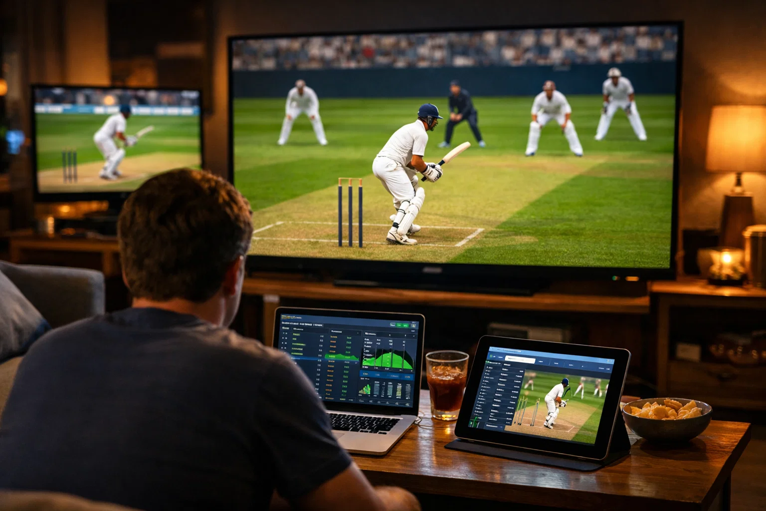 Zuschauer verfolgen ein Cricket-Match auf Bildschirmen mit Live-Statistiken