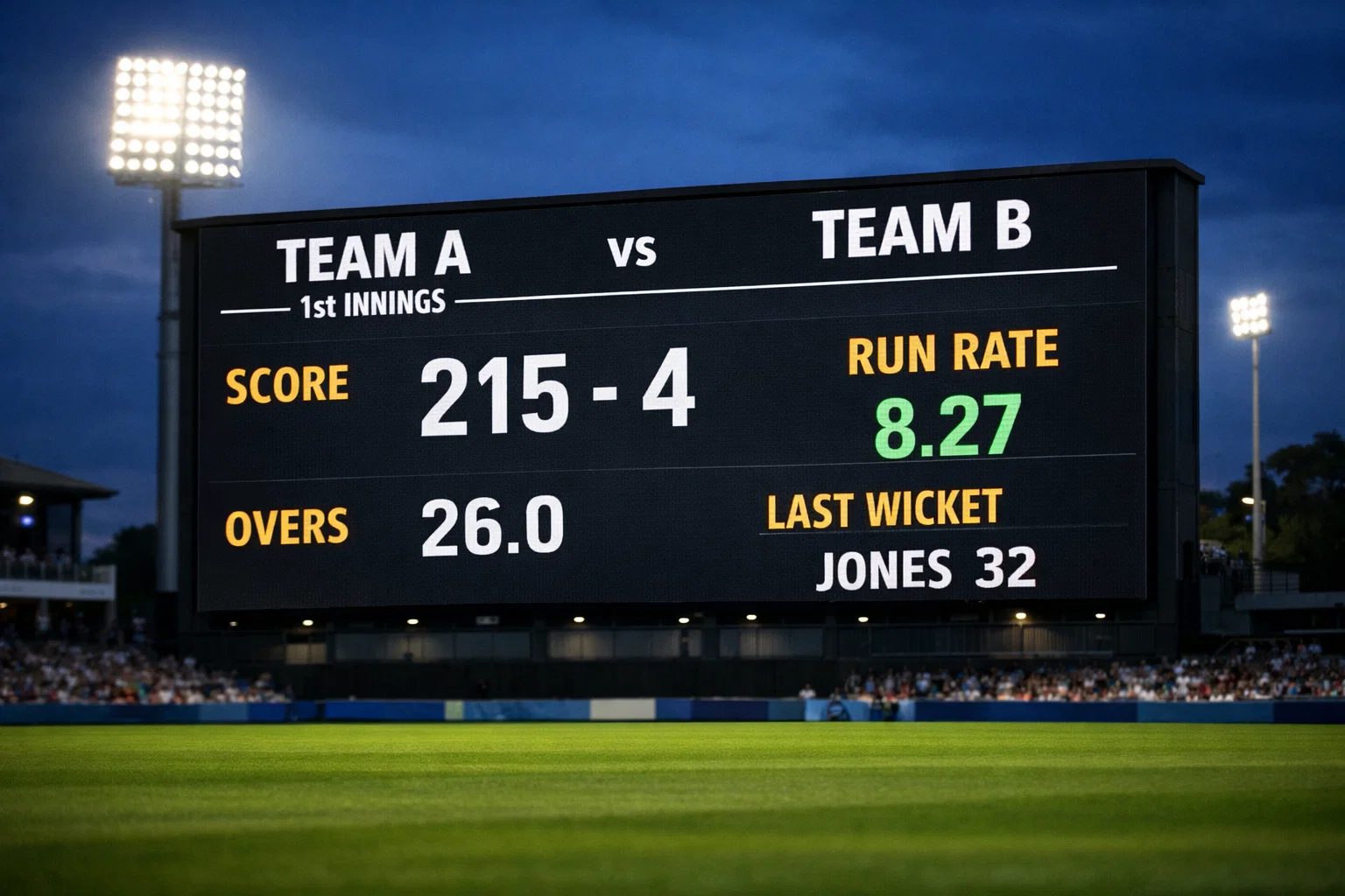 Cricket-Anzeigetafel mit Spielstand und Statistiken im Stadion